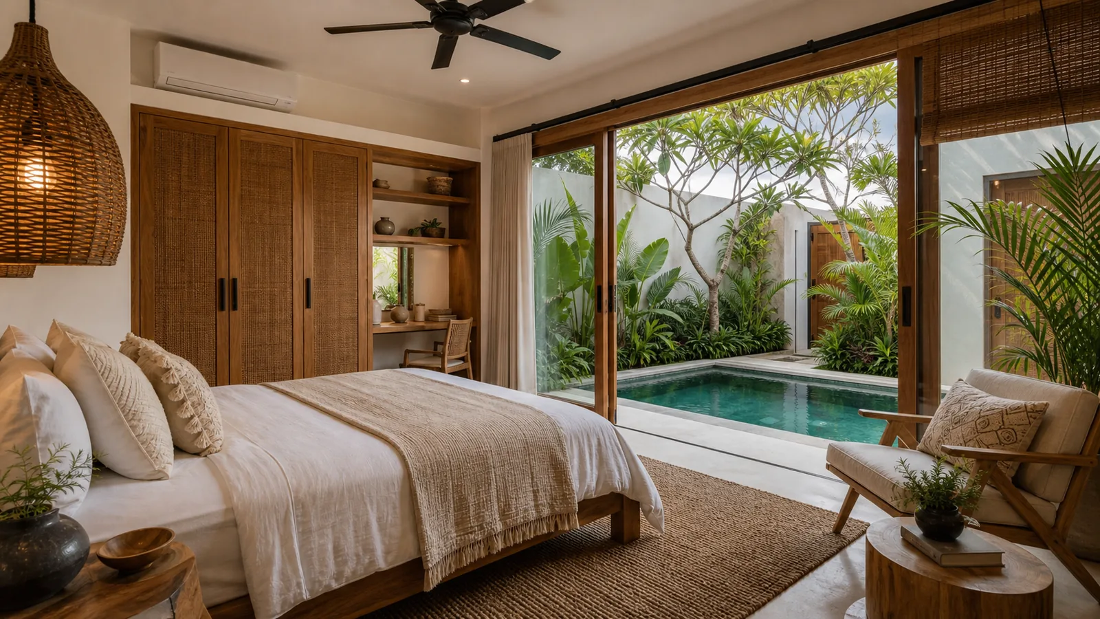 Sanur residential villa bedroom opening to courtyard pool