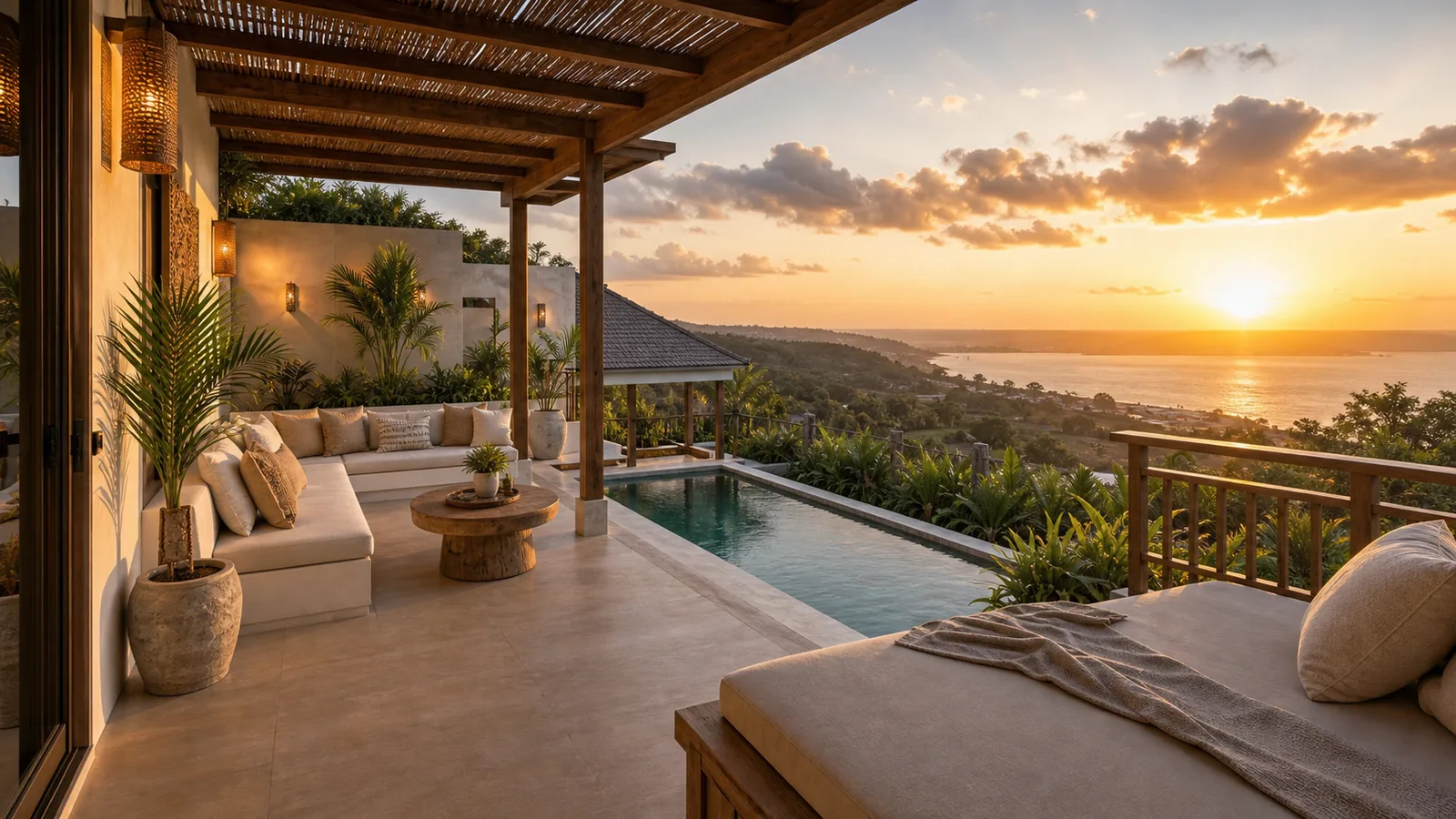 Jimbaran hillside villa terrace with pool and distant bay view