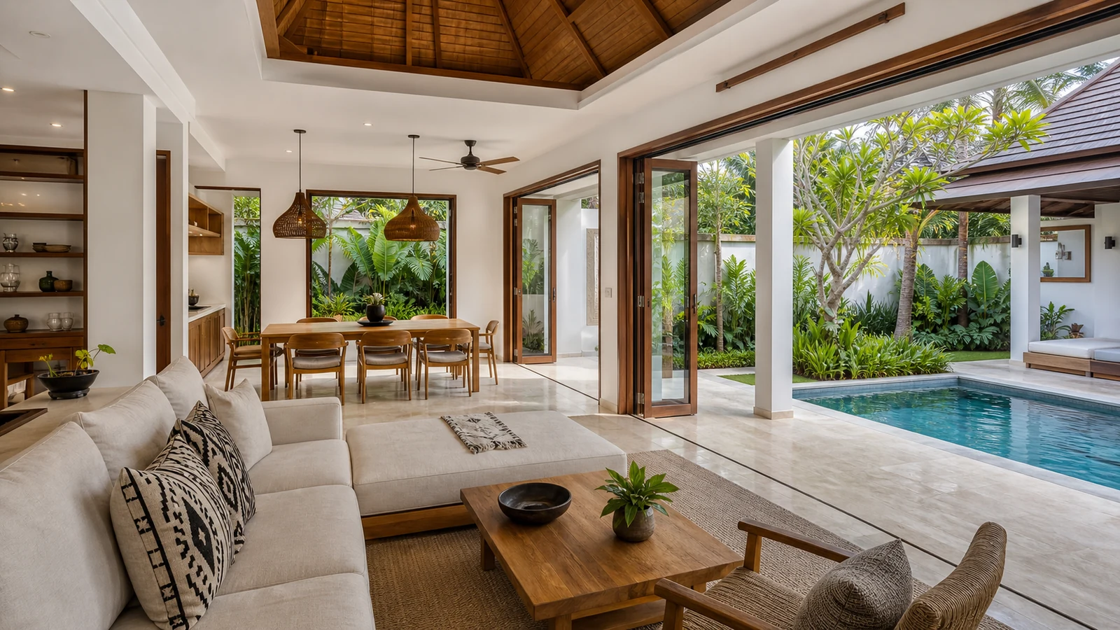 Buying property in Sanur as a foreigner: open-plan bali villa living and dining room