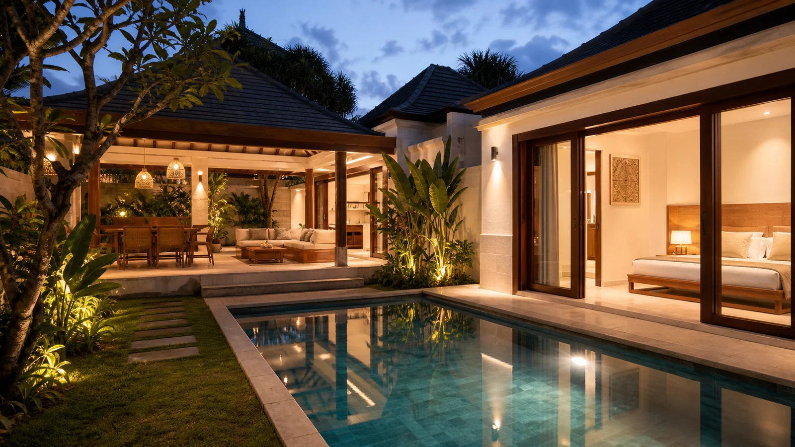 Buying property in Sanur as a foreigner: complete sanur villa pool and garden scene