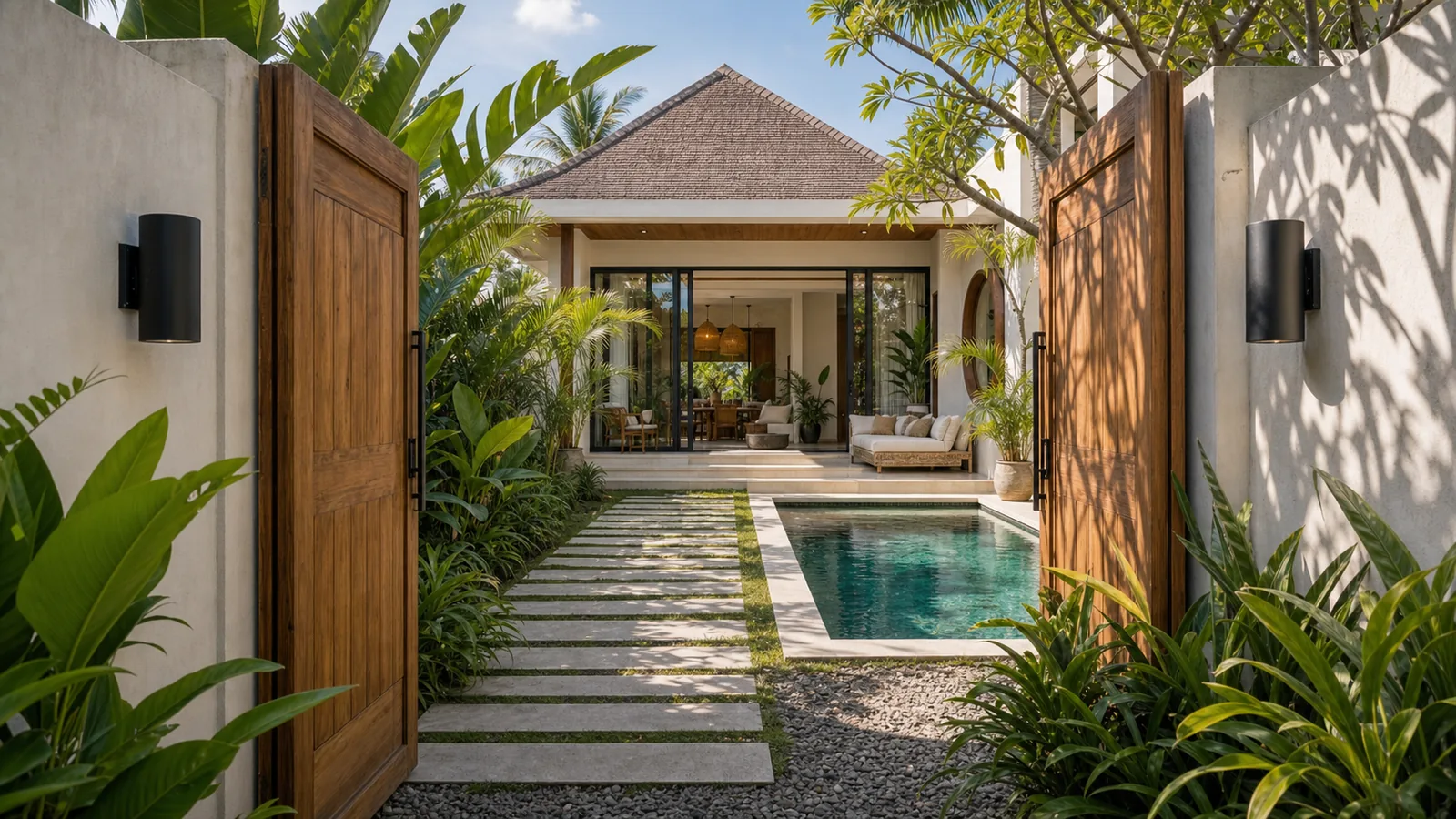 Canggu modern tropical villa entrance courtyard with private pool