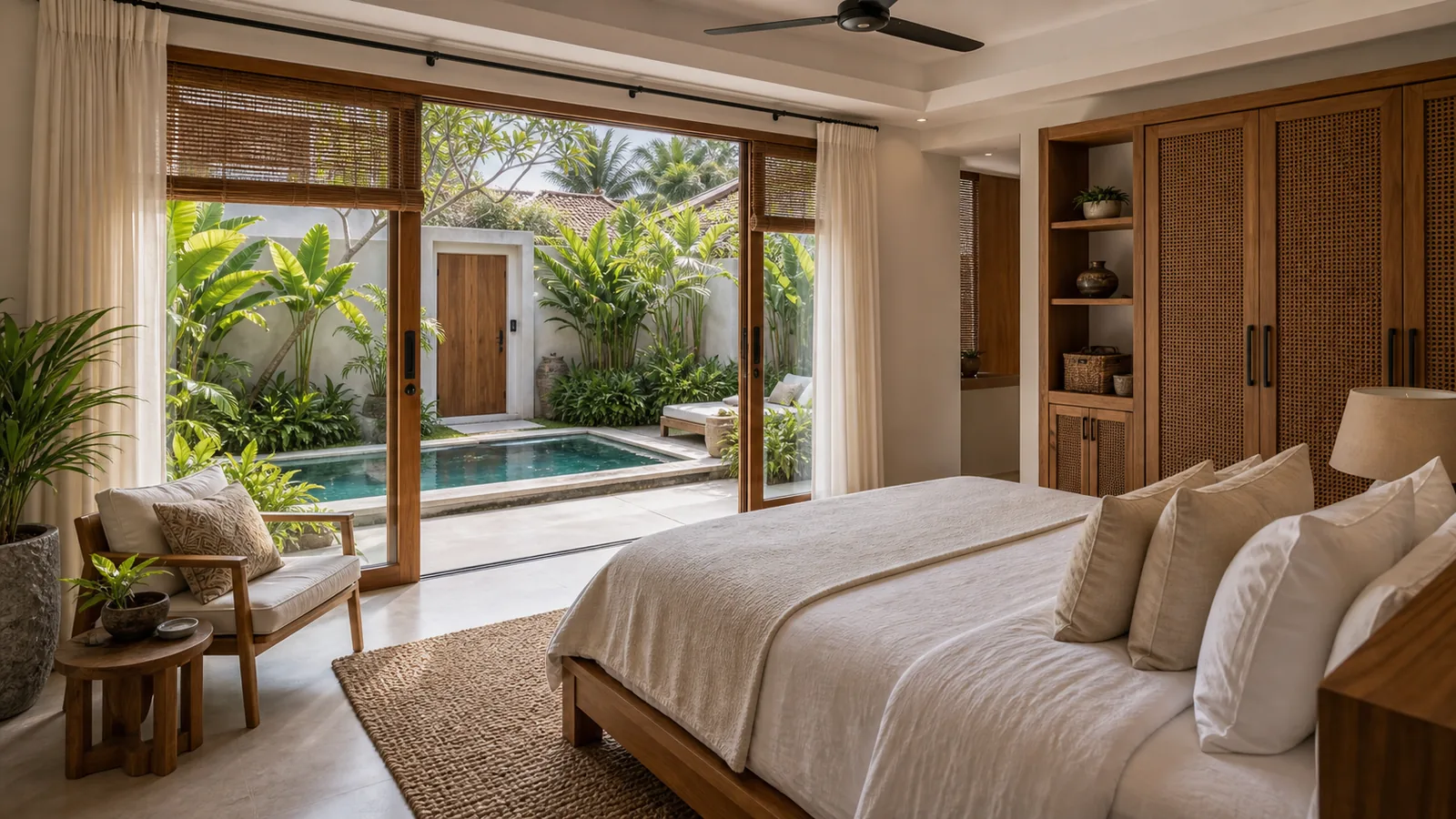 Sanur residential villa bedroom opening to quiet courtyard pool