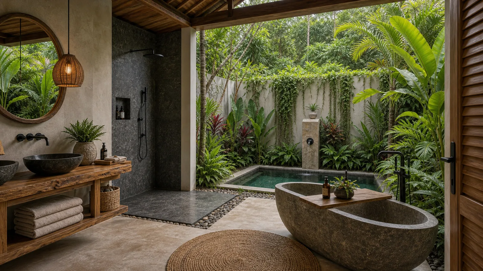 Ubud jungle villa semi-open bathroom with garden pool