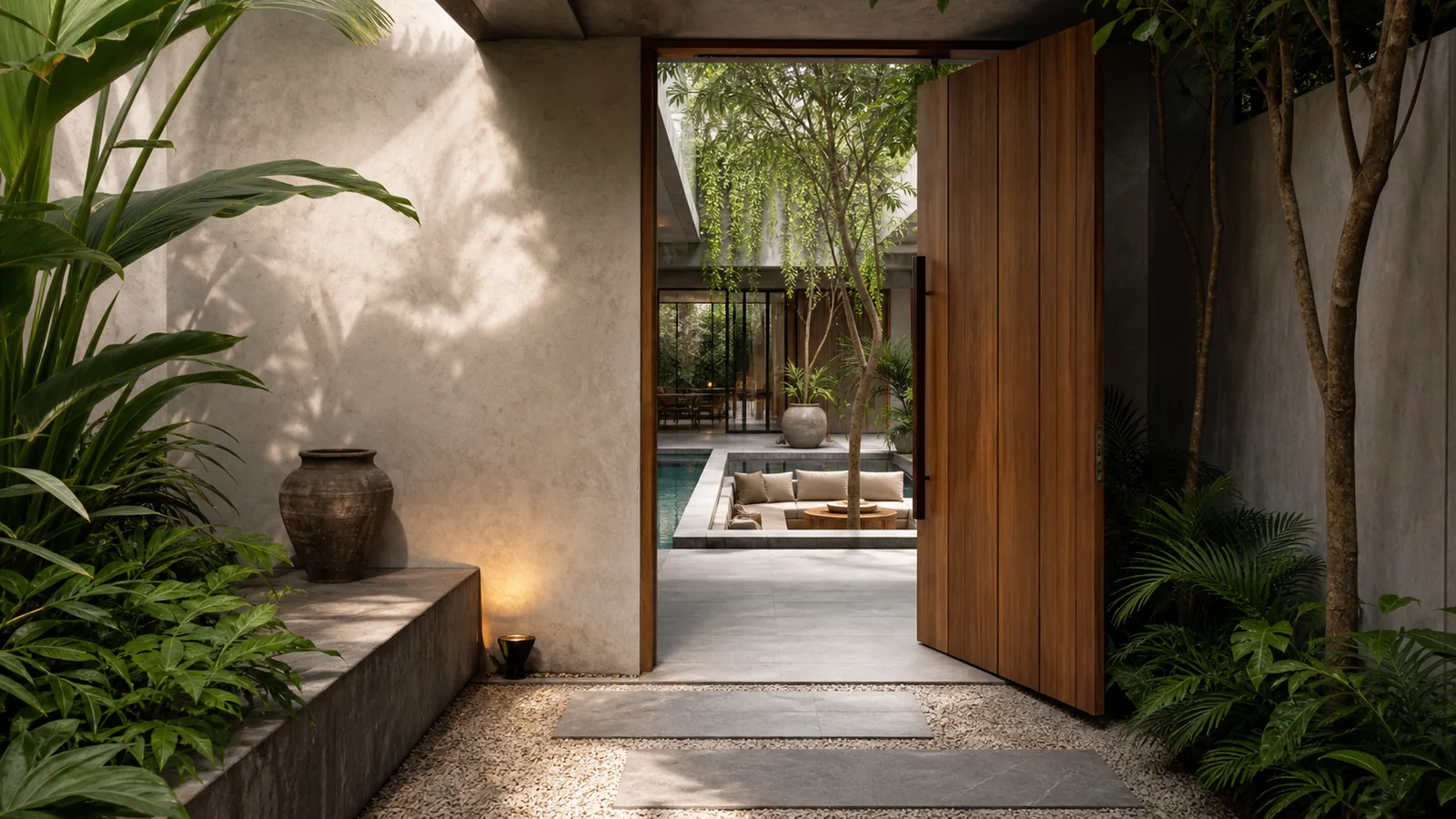 Canggu Bali villa hero: exterior arrival threshold with teak pivot door, limewashed walls, and a glimpse of private pool beyond