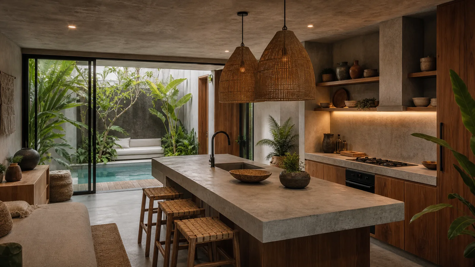 Canggu Bali villa main room: kitchen island with stone countertop, teak stools, rattan pendant lights, and garden view