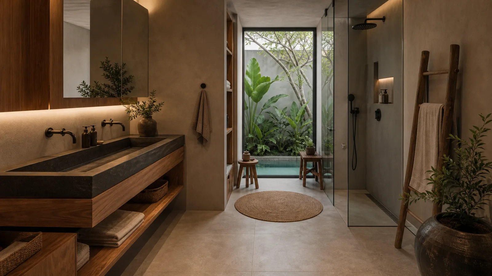 Canggu Bali villa architecture detail: enclosed spa bathroom with black stone basin, teak vanity, linen towels, and soft garden light