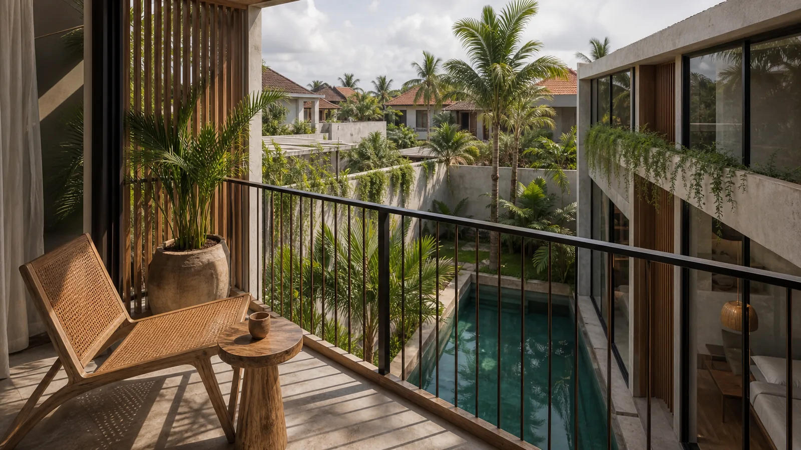 Canggu Bali villa location feel: upper-floor terrace or balcony that shows the selected Bali location mood without signage or people