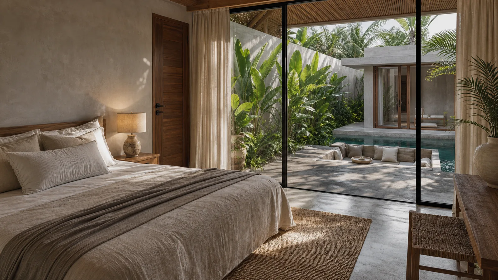 Canggu Bali villa guest experience: guest bedroom with linen bed, woven rug, teak side table, and garden or pool transition