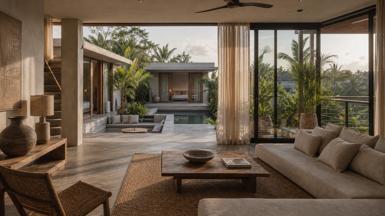 Canggu Bali villa final villa scene: wide living room and garden composition that feels ready for a serious buyer shortlist