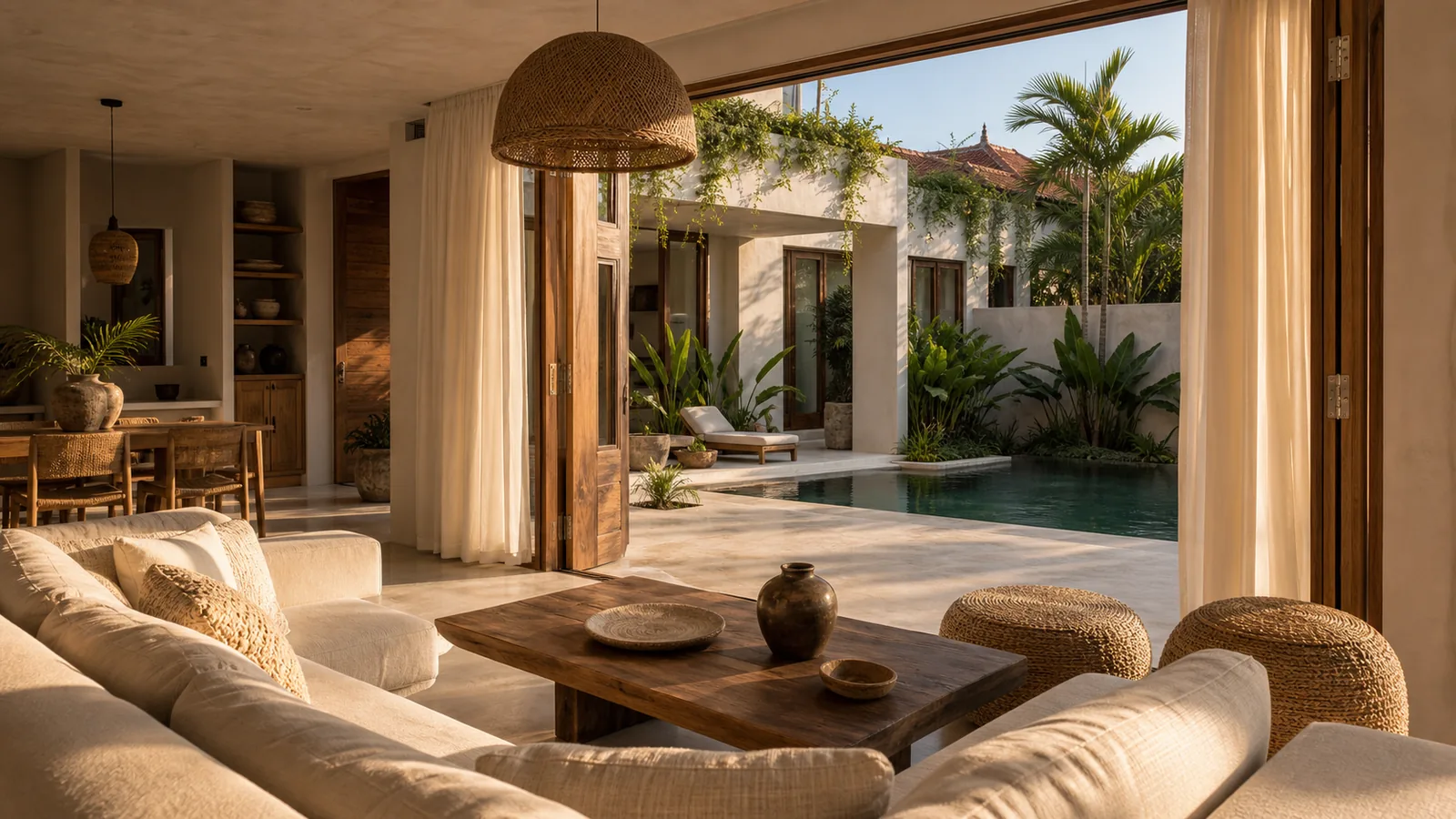 Canggu Bali villa hero: open living-to-pool transition with wide timber doors and linen curtains