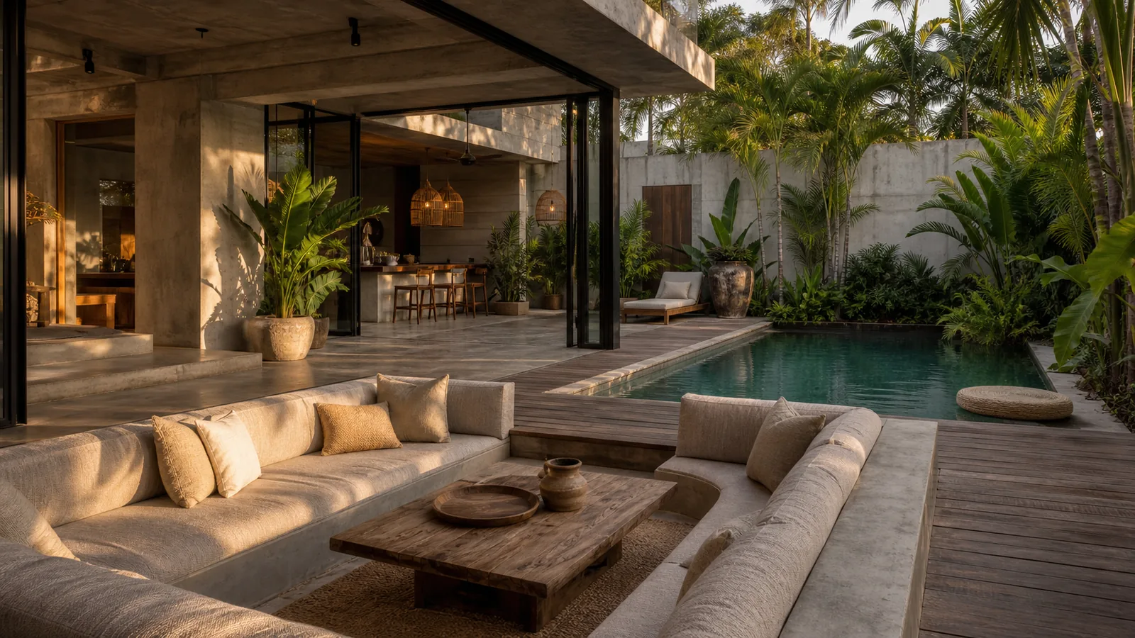 Canggu Bali villa main room: sunken lounge near the pool with textured cushions, teak deck, and quiet garden enclosure