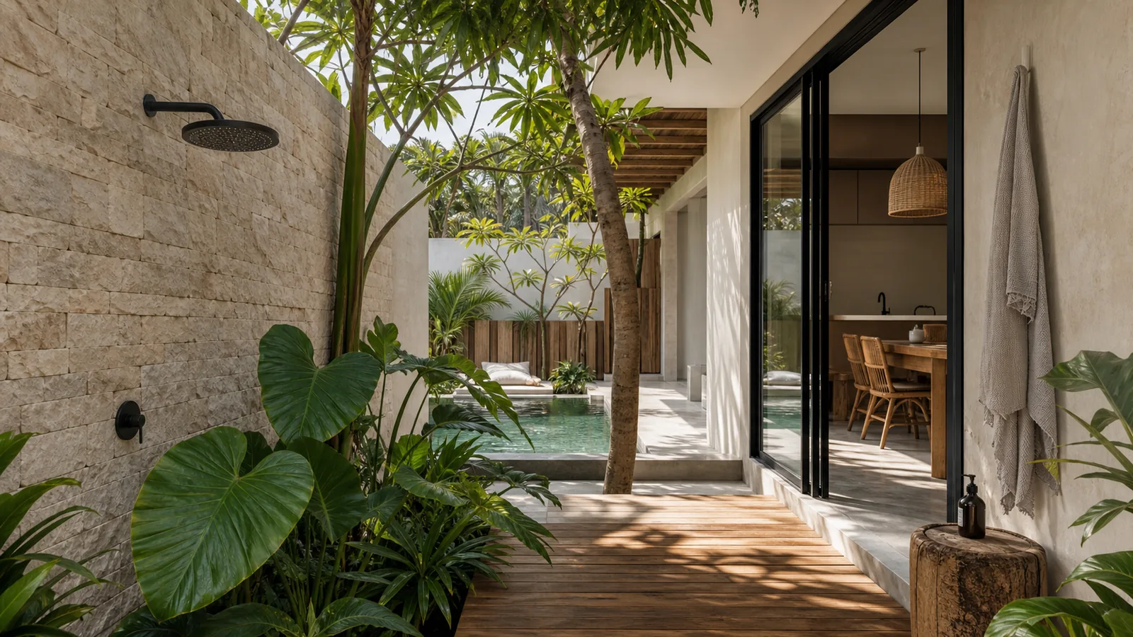 Canggu Bali villa architecture detail: outdoor shower garden with stone wall, tropical leaves, and warm natural materials