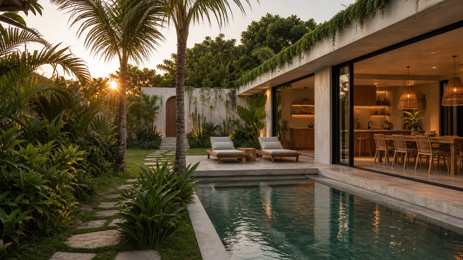 Canggu Bali villa location feel: garden terrace that clearly reflects the selected Bali location through landscape, light, and architecture