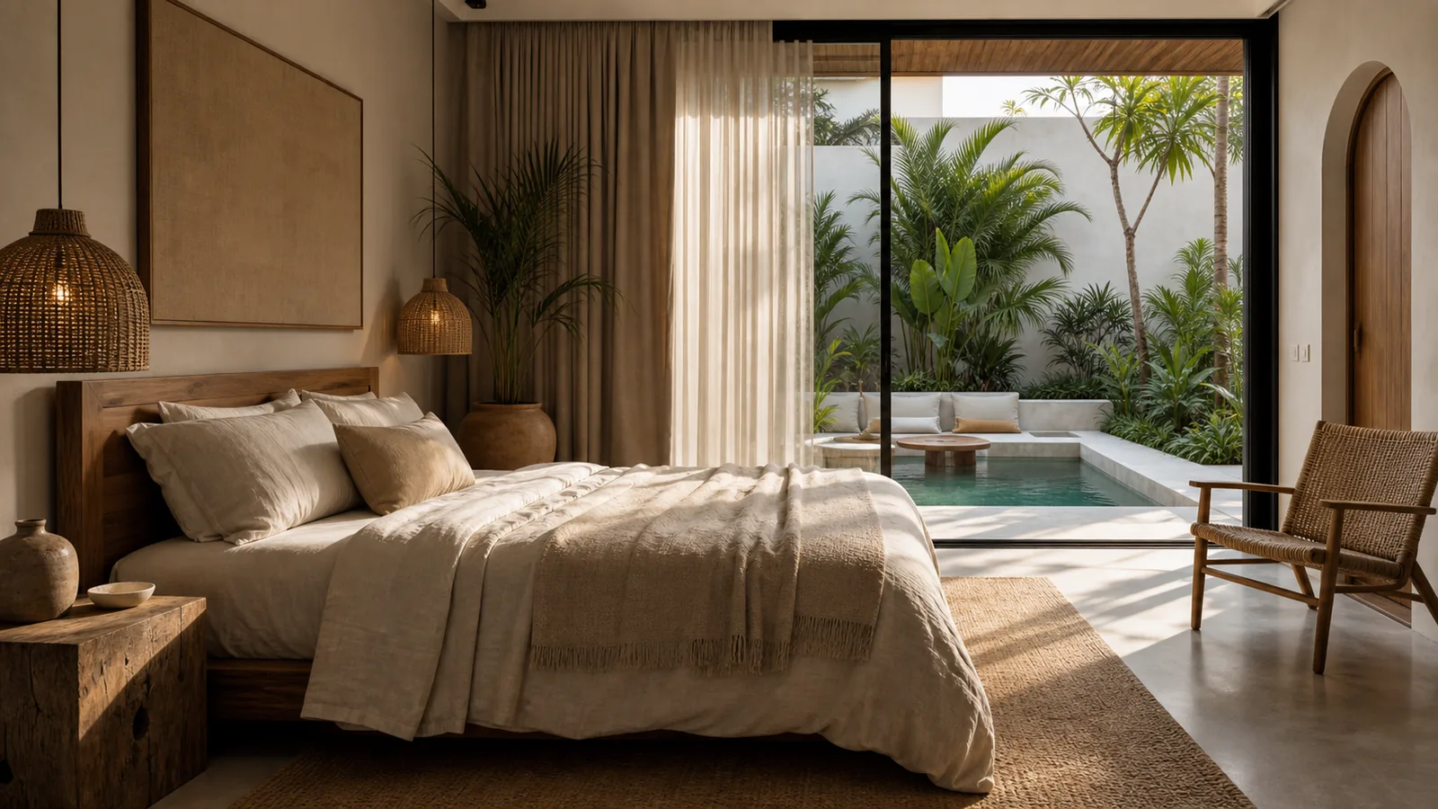 Canggu Bali villa guest experience: guest bedroom with linen bed, woven rug, teak side table, and garden or pool transition