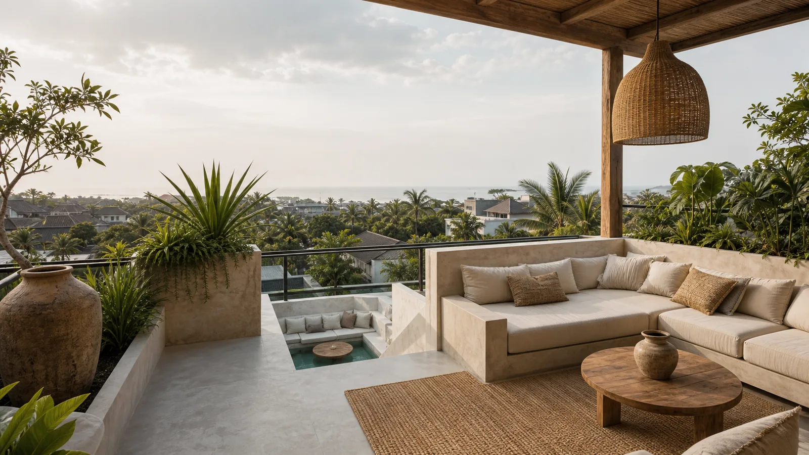 Canggu Bali villa final villa scene: rooftop terrace with built-in seating, textured plaster, tropical planting, and distant location-specific view