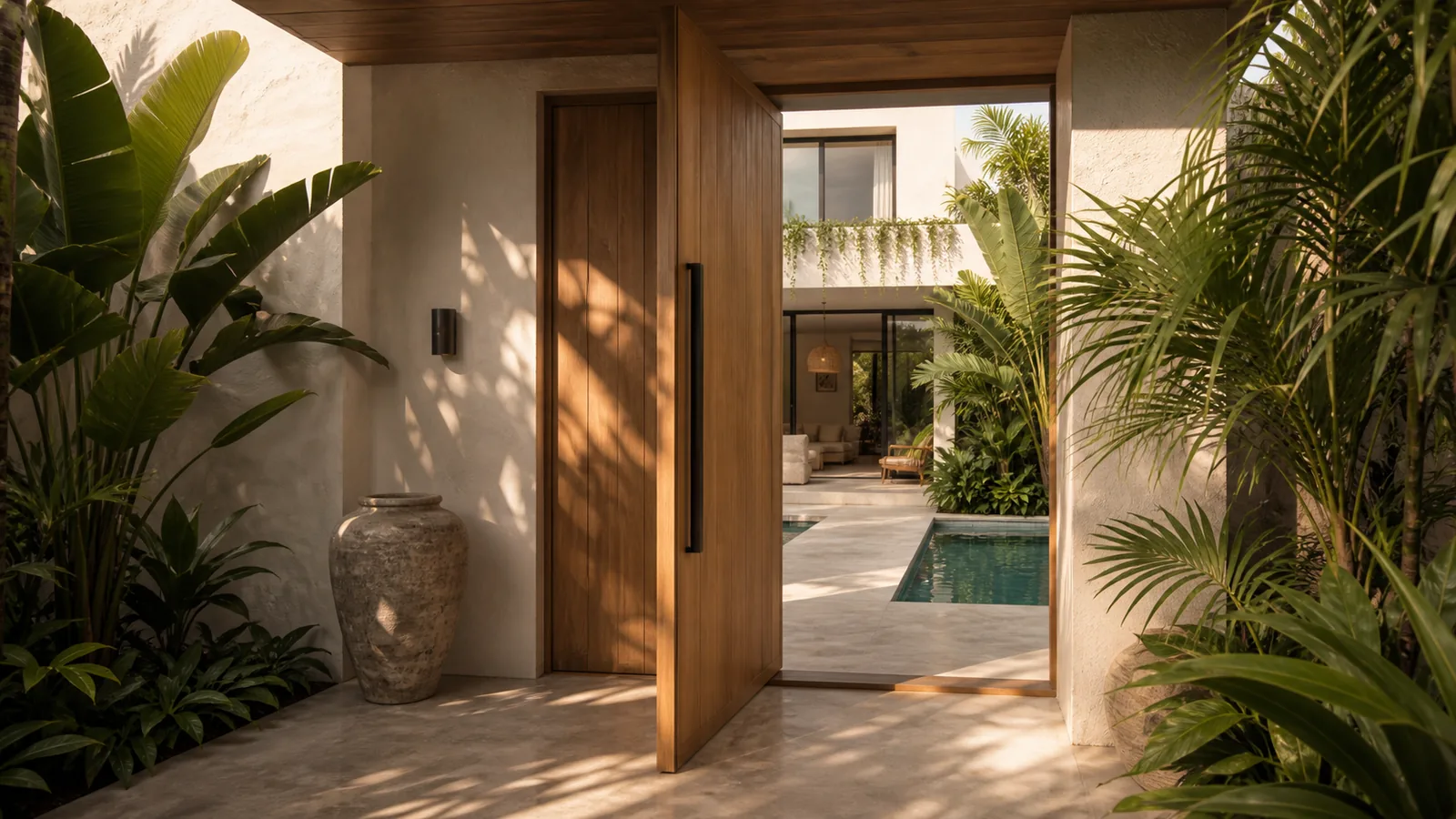 Canggu Bali villa hero: exterior arrival threshold with teak pivot door, limewashed walls, and a glimpse of private pool beyond