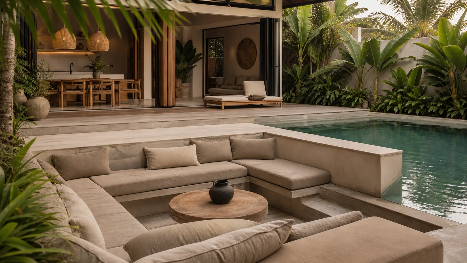 Canggu Bali villa main room: sunken lounge near the pool with textured cushions, teak deck, and quiet garden enclosure