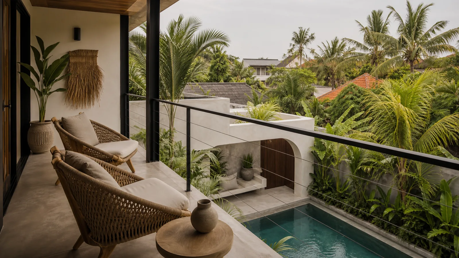 Canggu Bali villa architecture detail: second-floor balcony with woven chairs looking over the pool and tropical garden