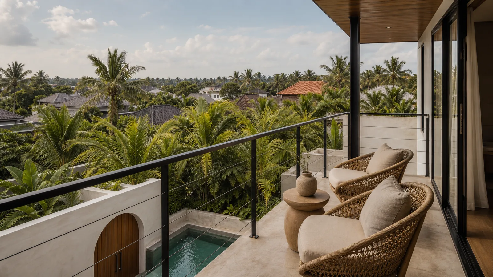 Canggu Bali villa location feel: upper-floor terrace or balcony that shows the selected Bali location mood without signage or people