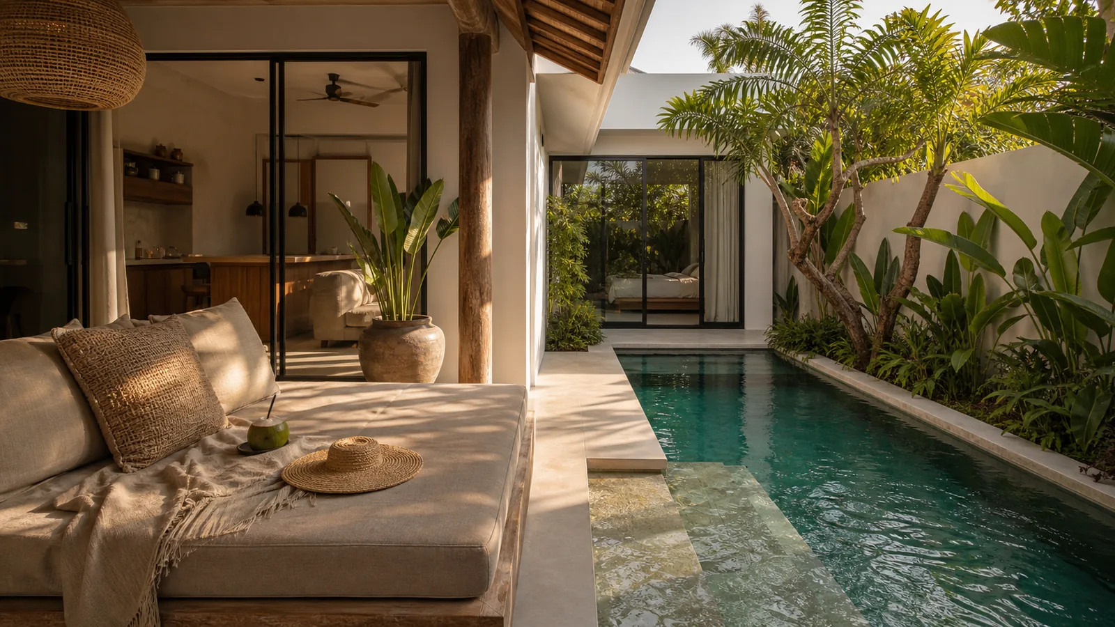 Canggu Bali villa guest experience: poolside daybed and shaded terrace, guest-ready but not staged like a hotel advertisement