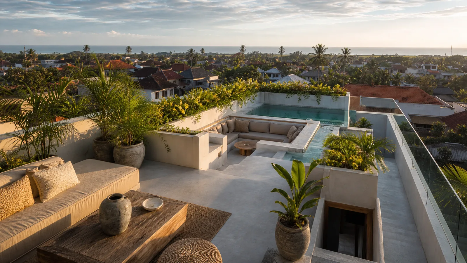 Canggu Bali villa final villa scene: rooftop terrace with built-in seating, textured plaster, tropical planting, and distant location-specific view