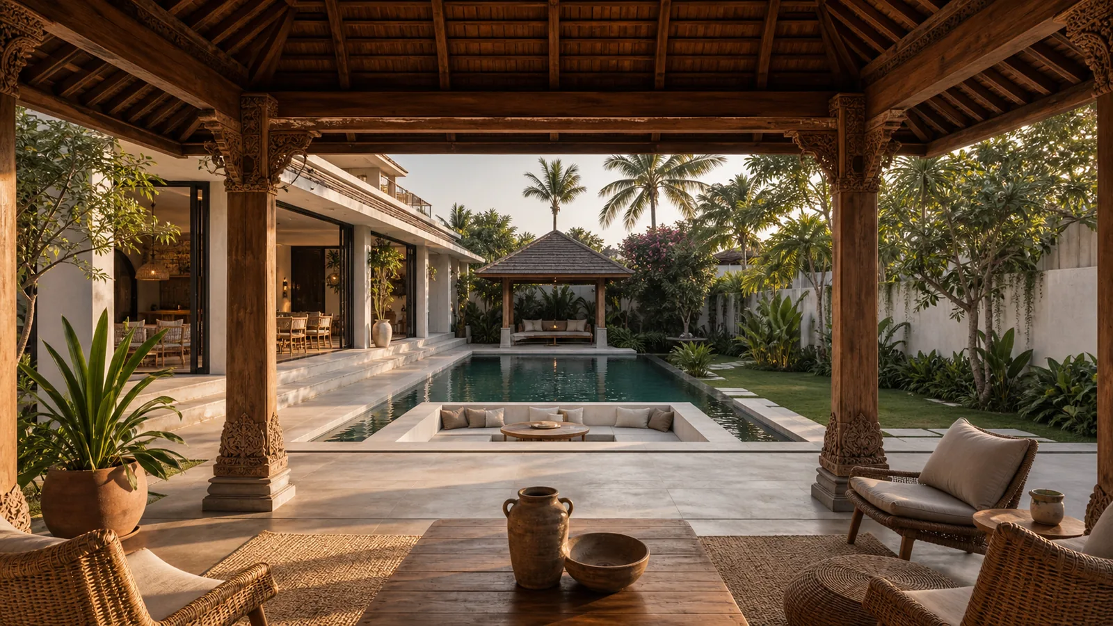 Canggu Bali villa hero: Joglo pavilion entrance with carved teak columns, rattan lounge detail, and tropical planting