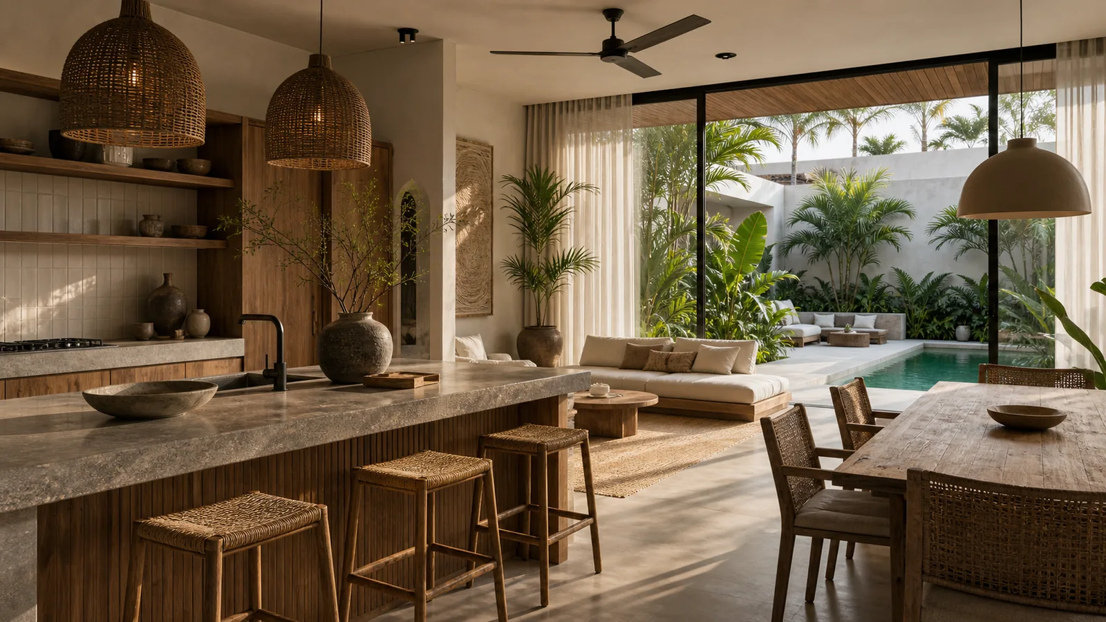 Canggu Bali villa main room: kitchen island with stone countertop, teak stools, rattan pendant lights, and garden view