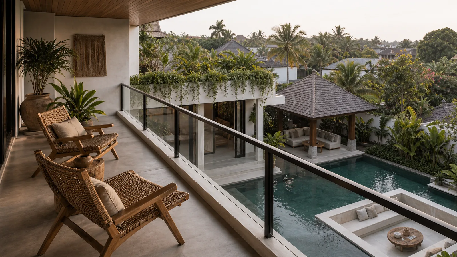 Canggu Bali villa architecture detail: second-floor balcony with woven chairs looking over the pool and tropical garden