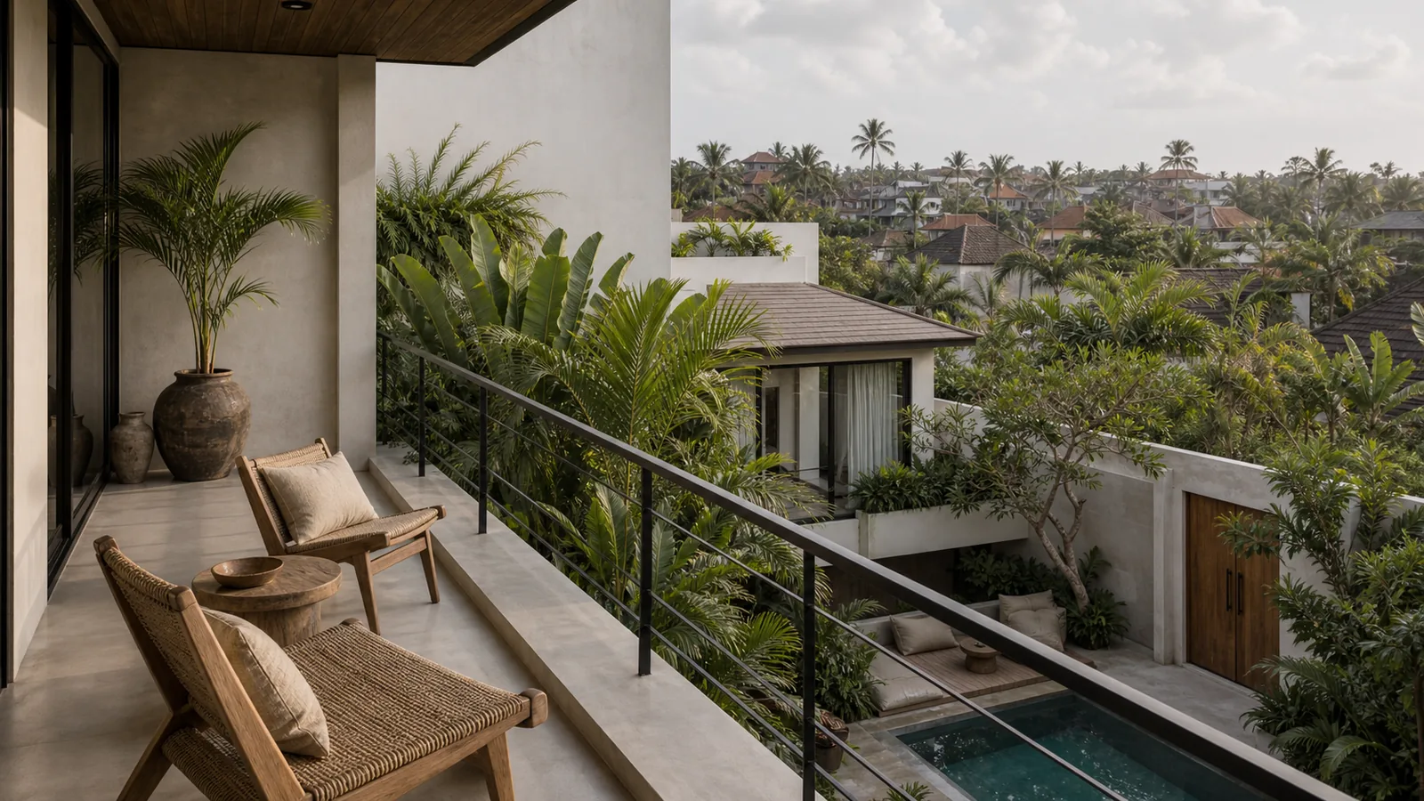 Canggu Bali villa location feel: upper-floor terrace or balcony that shows the selected Bali location mood without signage or people