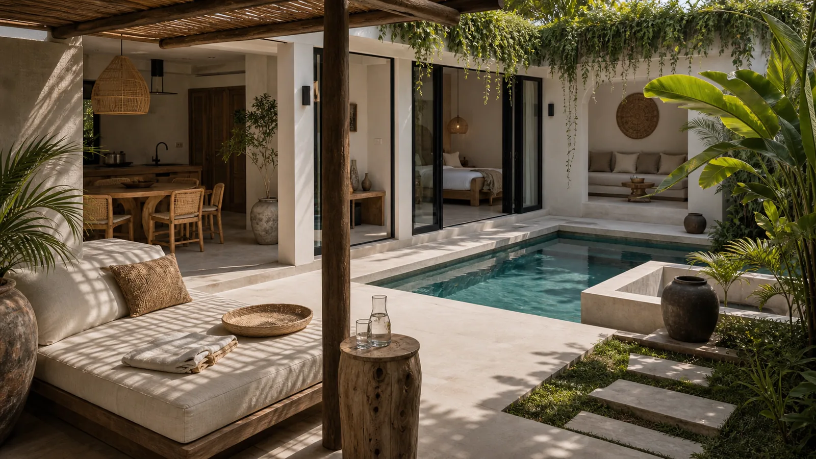 Canggu Bali villa guest experience: poolside daybed and shaded terrace, guest-ready but not staged like a hotel advertisement