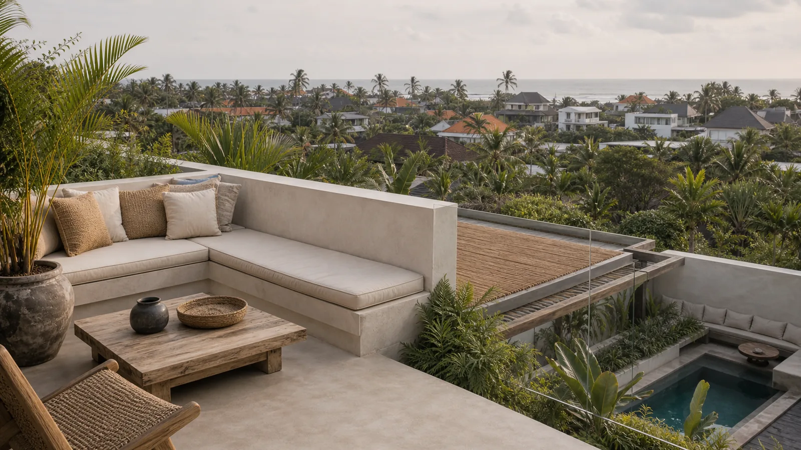 Canggu Bali villa final villa scene: rooftop terrace with built-in seating, textured plaster, tropical planting, and distant location-specific view
