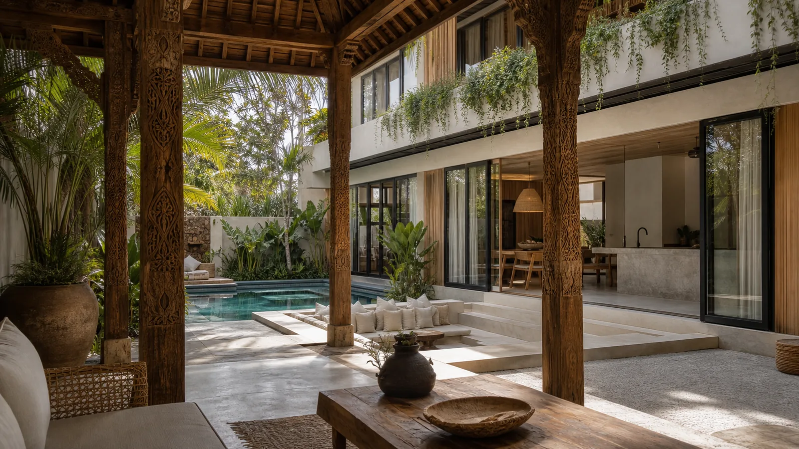 Canggu Bali villa hero: Joglo pavilion entrance with carved teak columns, rattan lounge detail, and tropical planting