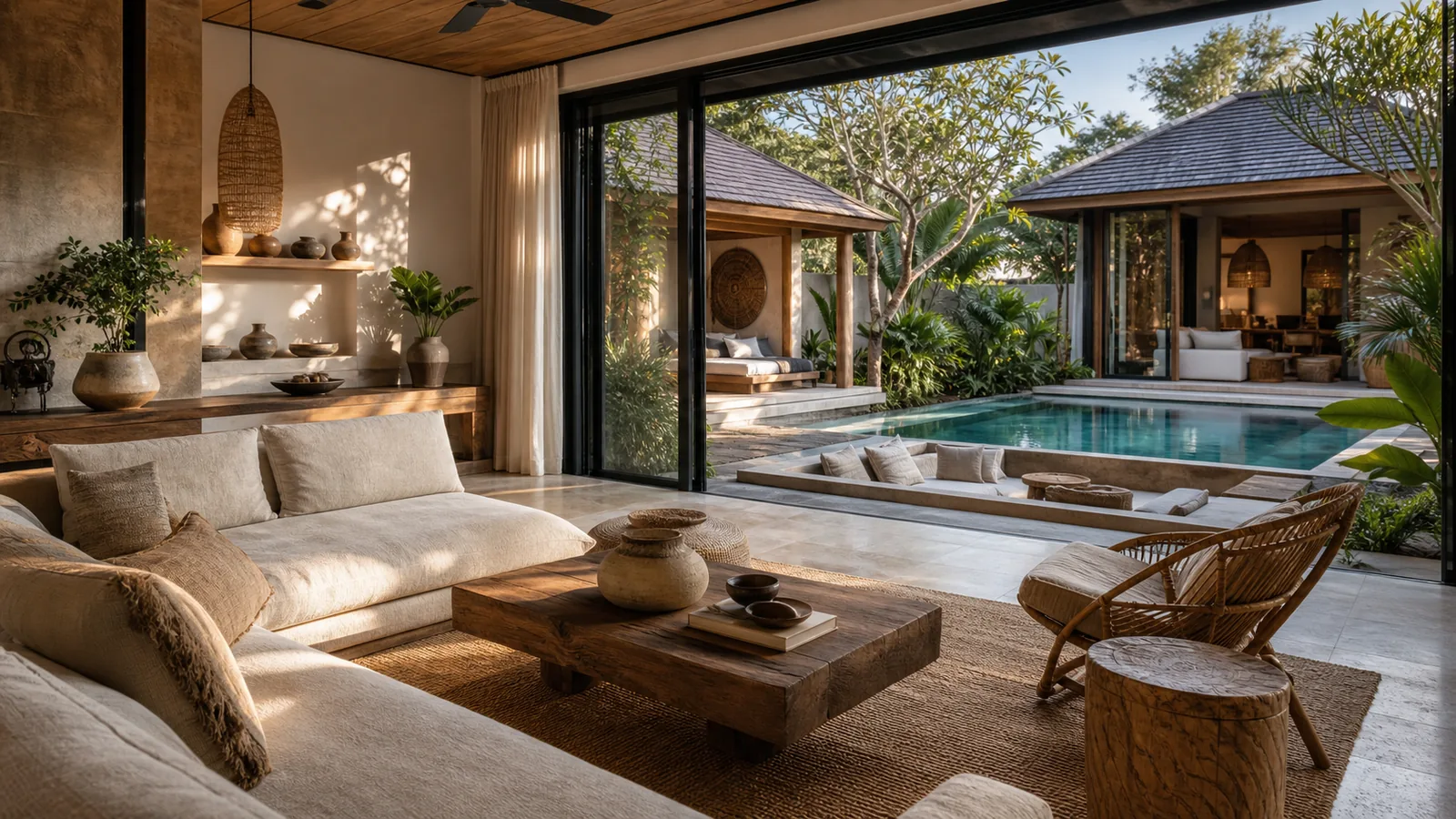 Canggu Bali villa main room: open living room with linen sofa, rattan chairs, stone floor, and pool courtyard beyond