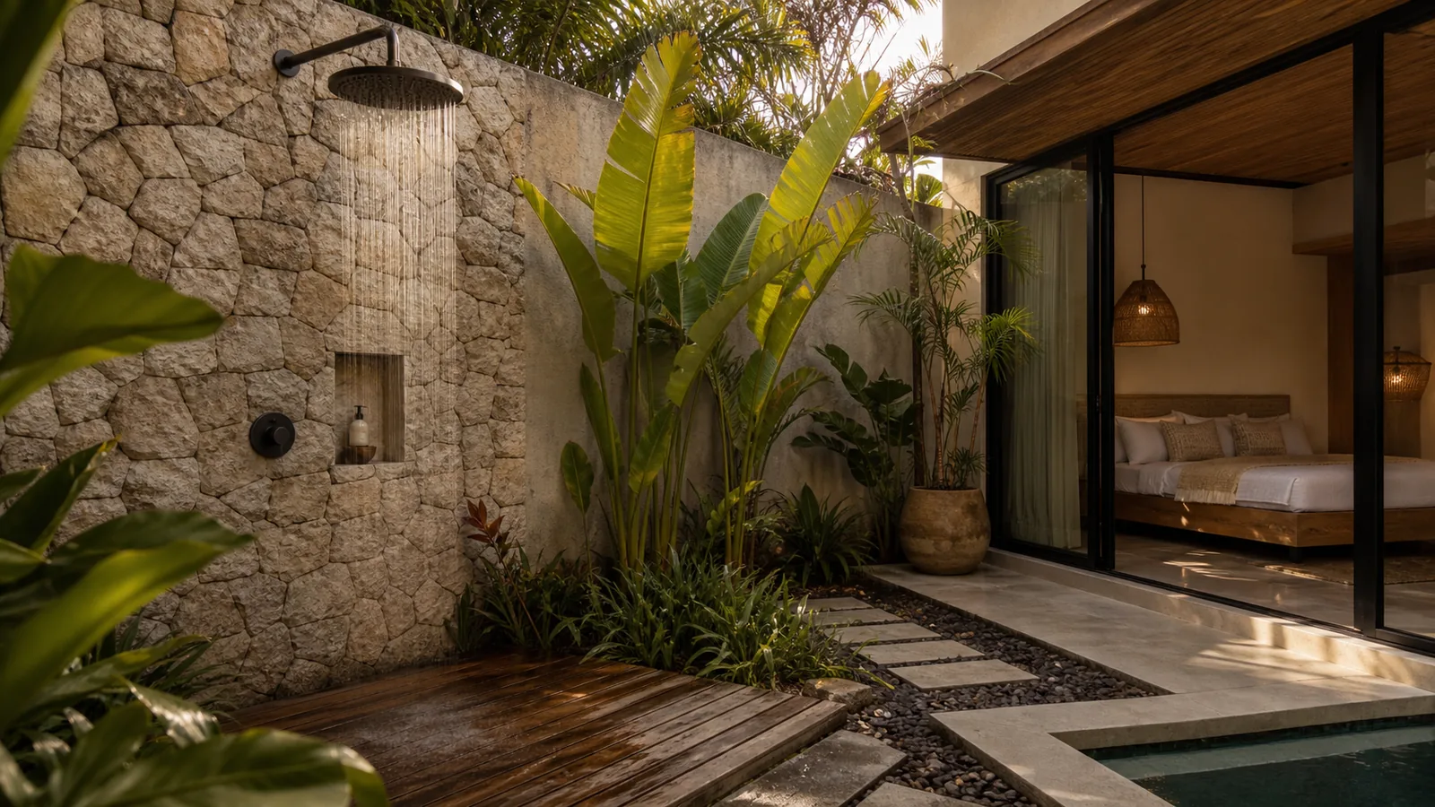 Canggu Bali villa architecture detail: outdoor shower garden with stone wall, tropical leaves, and warm natural materials