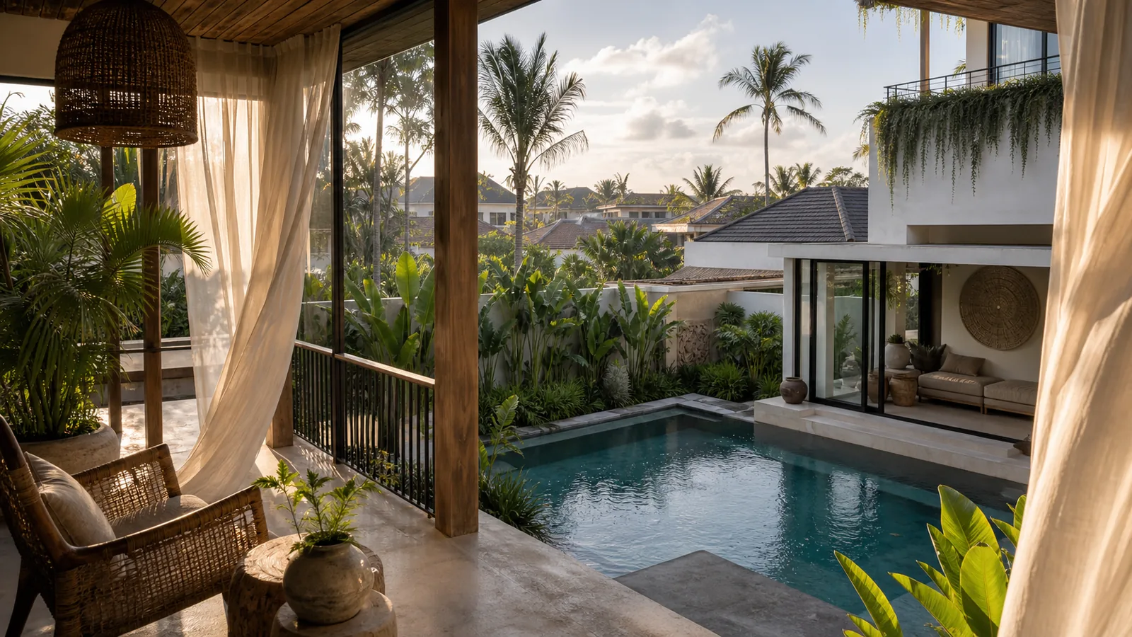 Canggu Bali villa location feel: pool edge composition that expresses the selected Bali location through planting, horizon, or courtyard density