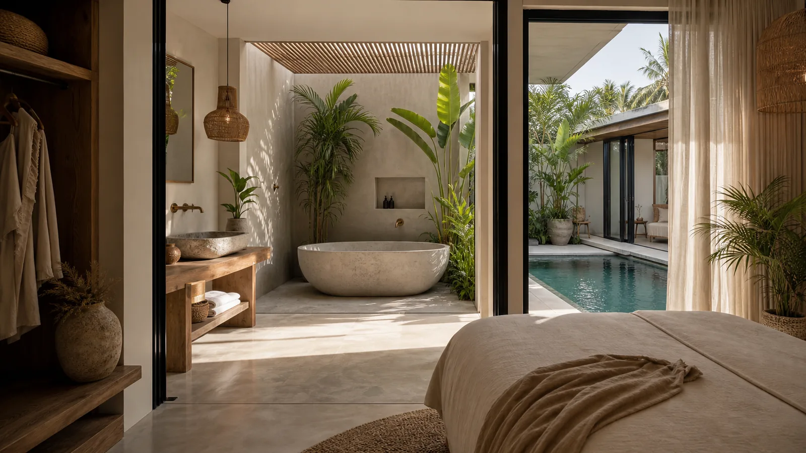 Canggu Bali villa guest experience: bedroom-to-open-air-bathroom transition with stone basin, linen textures, and tropical planting
