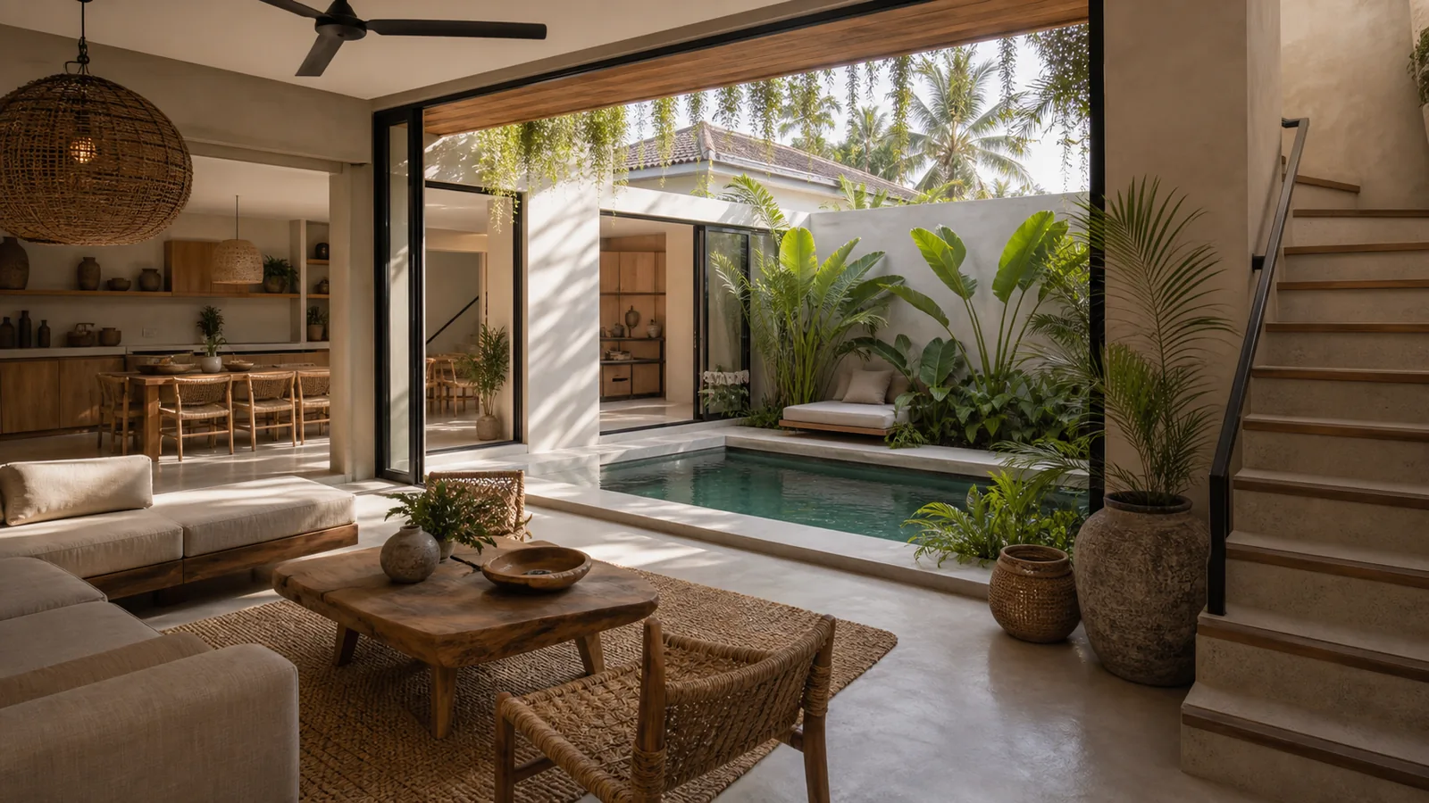 Canggu Bali villa final villa scene: wide living room and garden composition that feels ready for a serious buyer shortlist