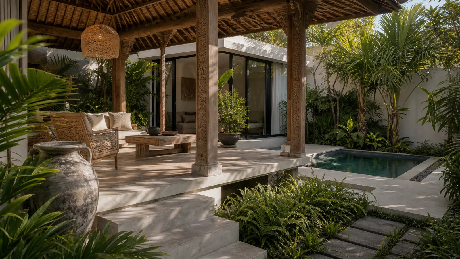 Canggu Bali villa hero: Joglo pavilion entrance with carved teak columns, rattan lounge detail, and tropical planting