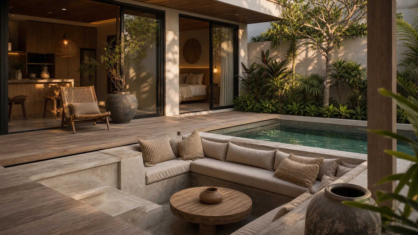 Canggu Bali villa main room: sunken lounge near the pool with textured cushions, teak deck, and quiet garden enclosure