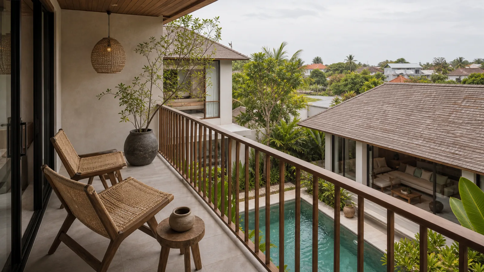 Canggu Bali villa architecture detail: second-floor balcony with woven chairs looking over the pool and tropical garden