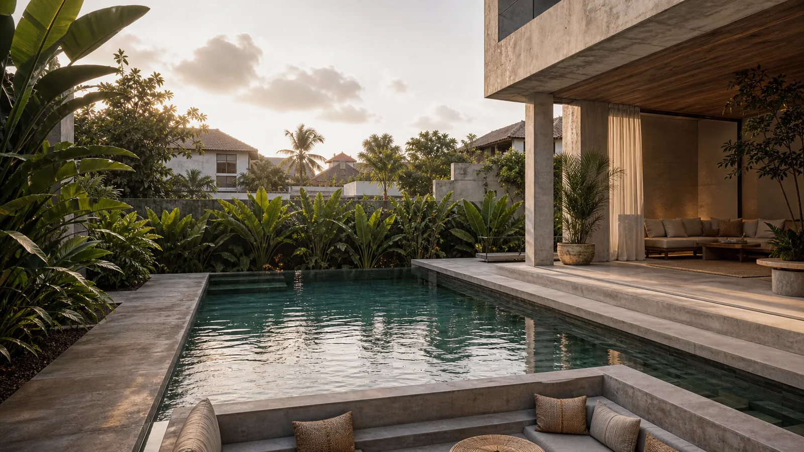Canggu Bali villa location feel: pool edge composition that expresses the selected Bali location through planting, horizon, or courtyard density