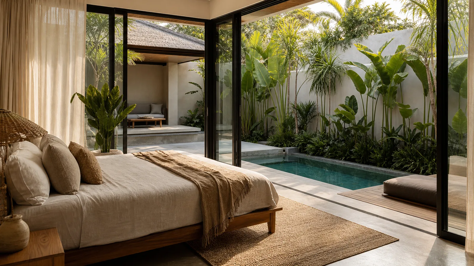 Canggu Bali villa guest experience: primary bedroom with sliding doors open to a private plunge pool and lush courtyard