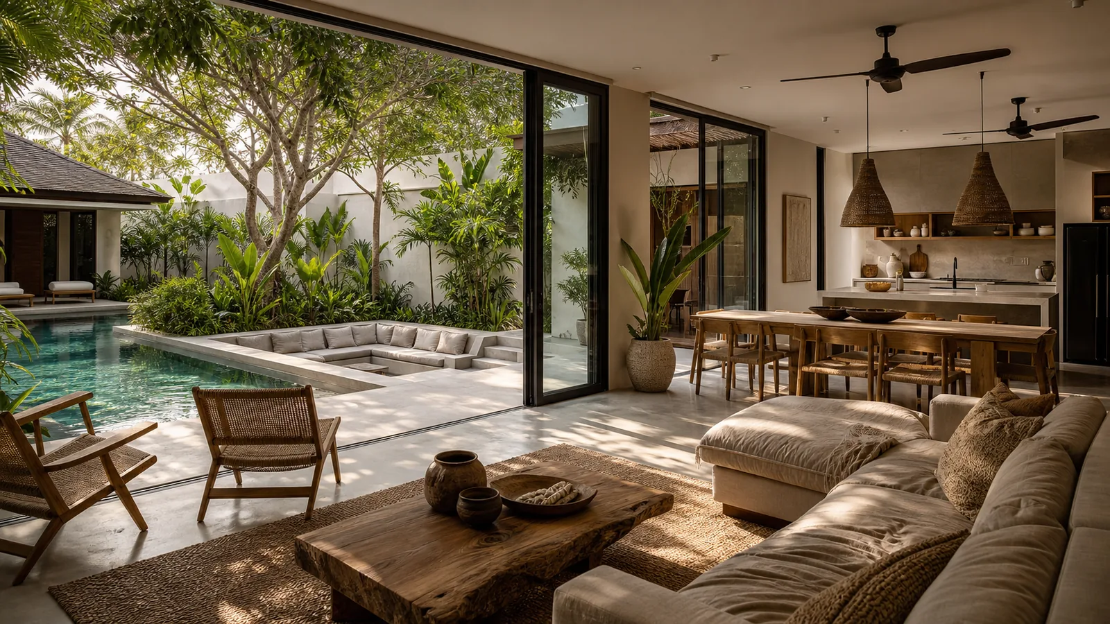 Canggu Bali villa final villa scene: wide living room and garden composition that feels ready for a serious buyer shortlist