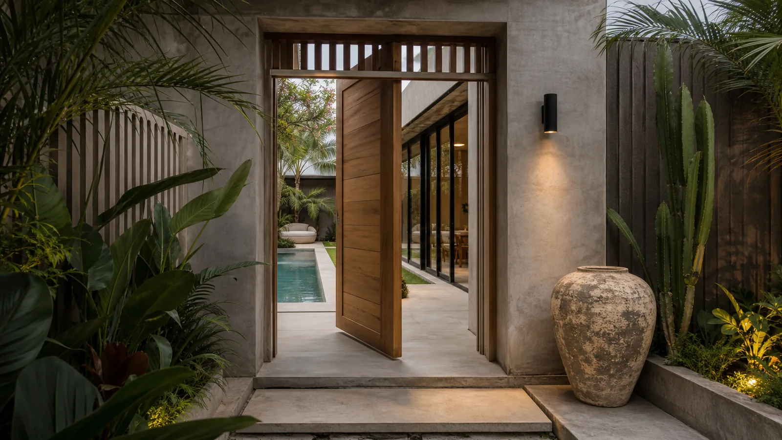 Canggu Bali villa hero: exterior arrival threshold with teak pivot door, limewashed walls, and a glimpse of private pool beyond