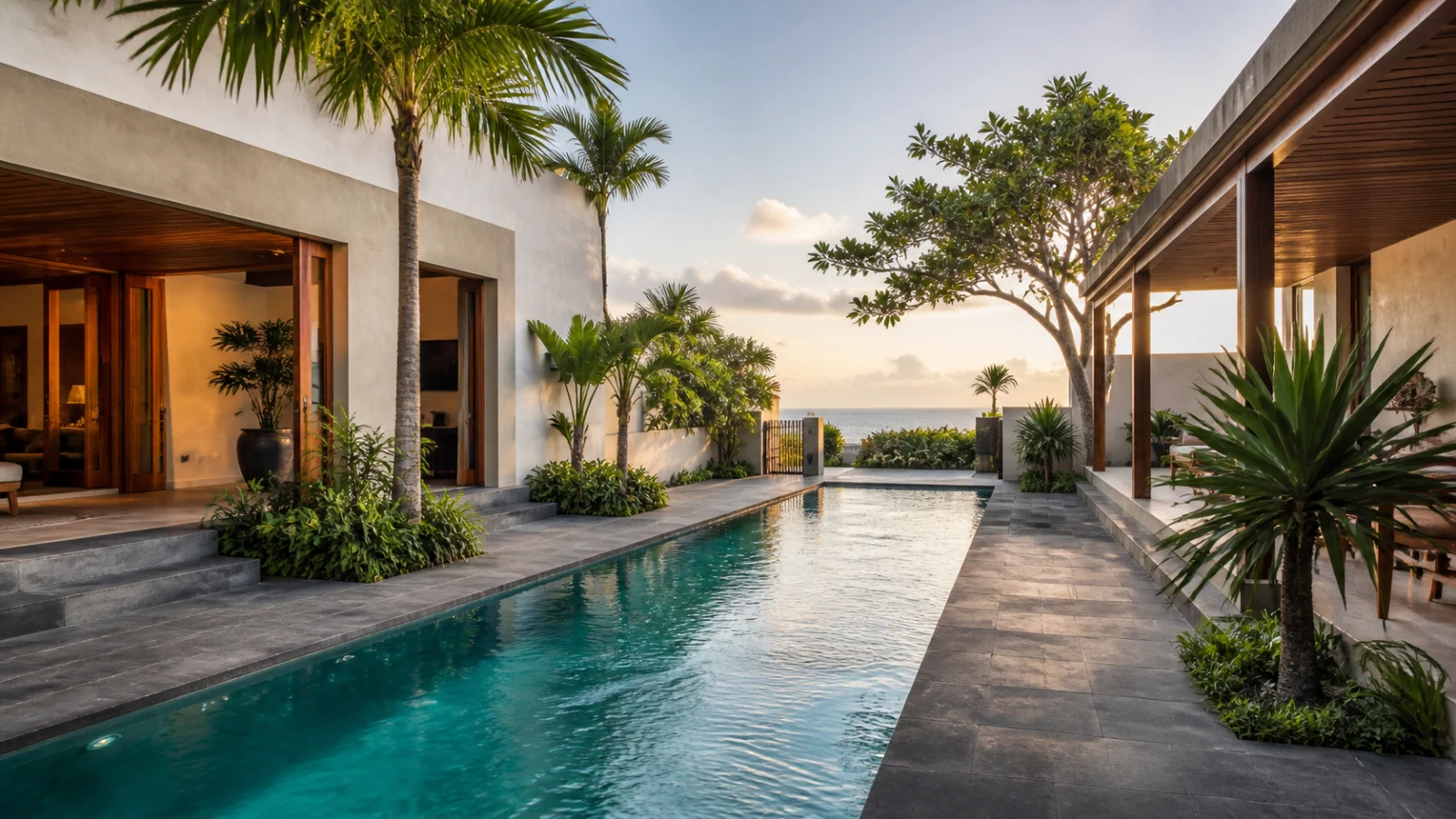 Echo Beach Bali villa with a long pool, volcanic-stone terrace, tropical palms, and a sunset ocean view