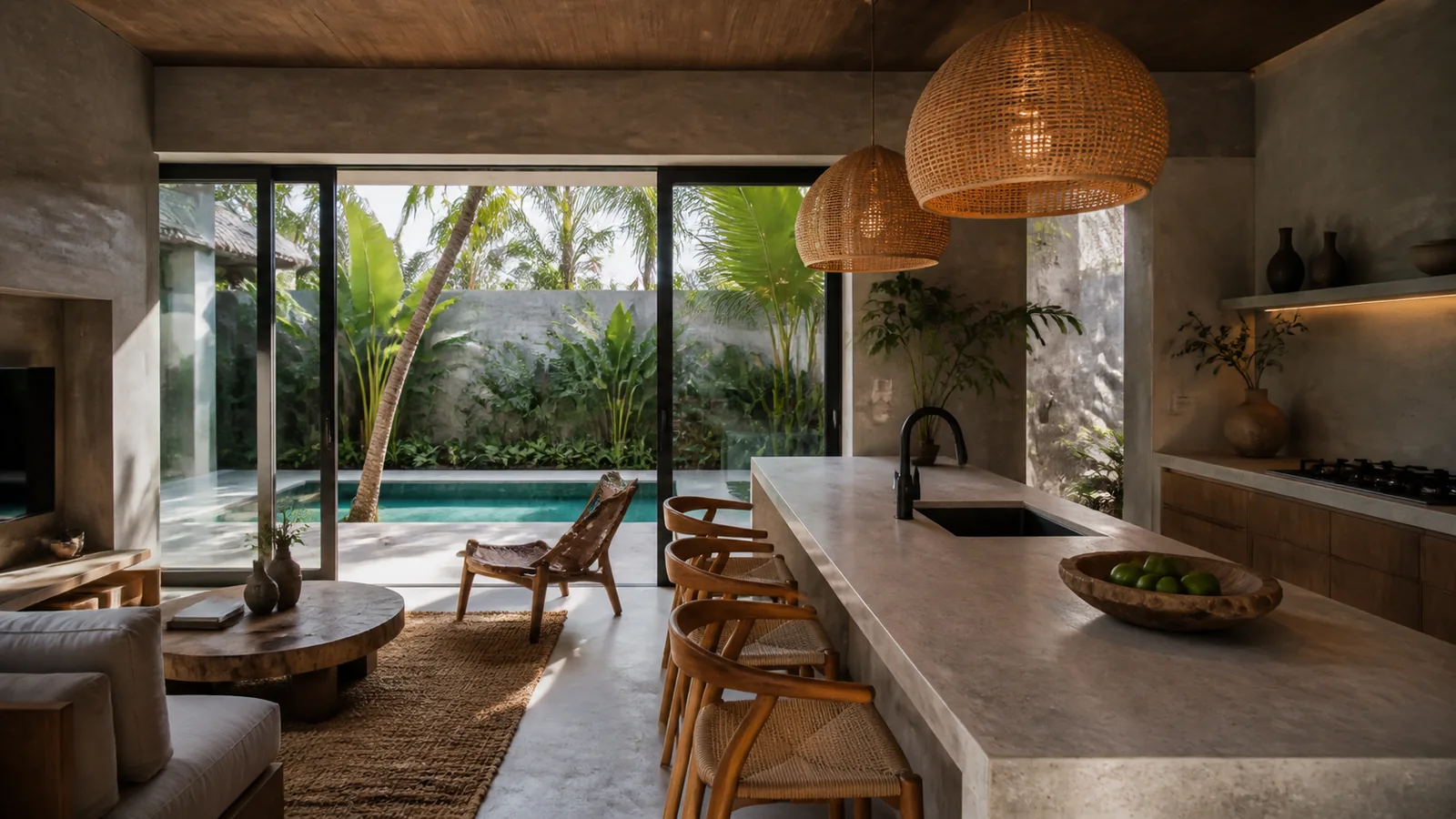 Canggu Bali villa main room: kitchen island with stone countertop, teak stools, rattan pendant lights, and garden view