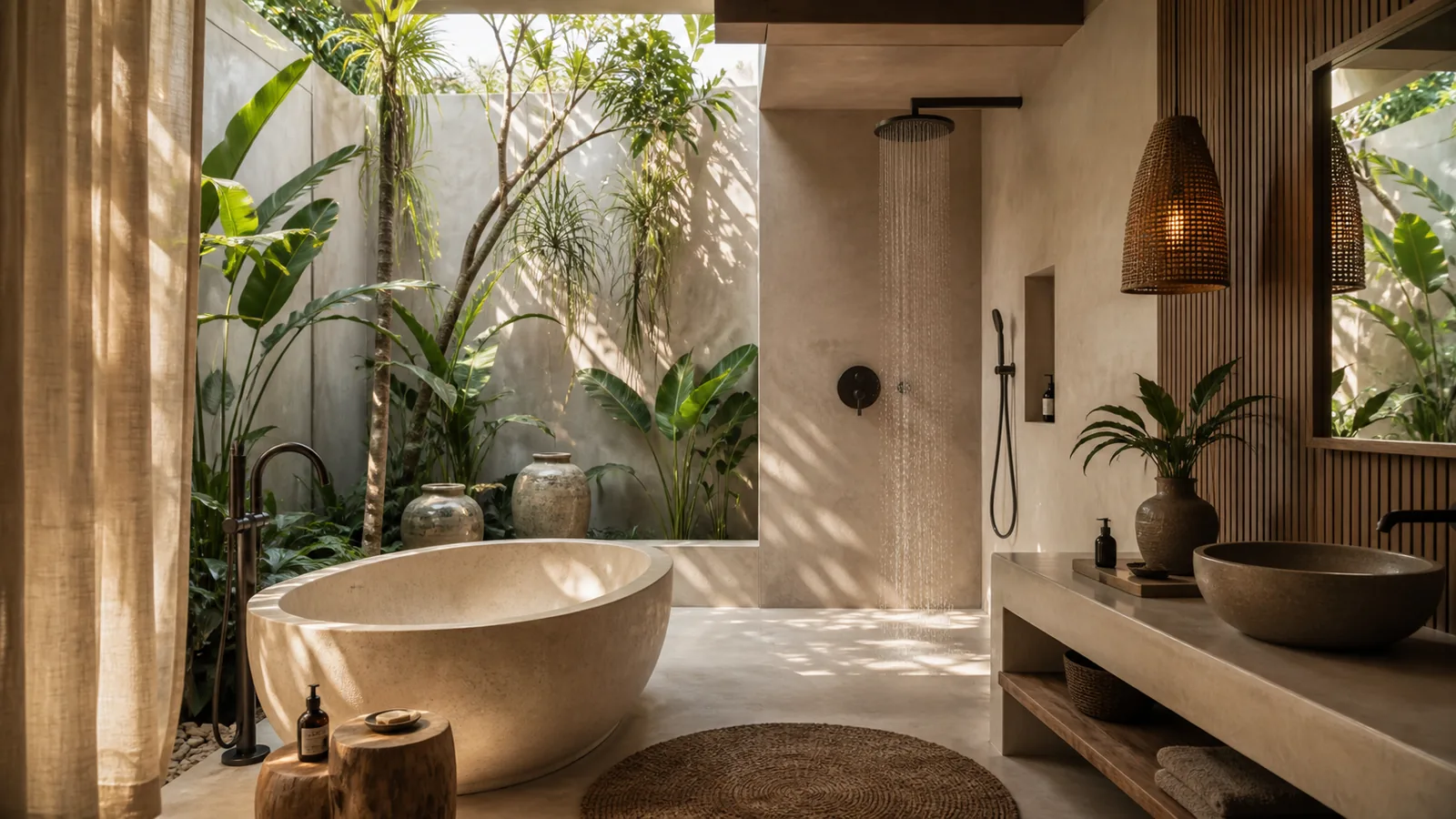 Canggu Bali villa architecture detail: open-air bathroom with stone bathtub, rain shower, limewashed walls, and tropical planting