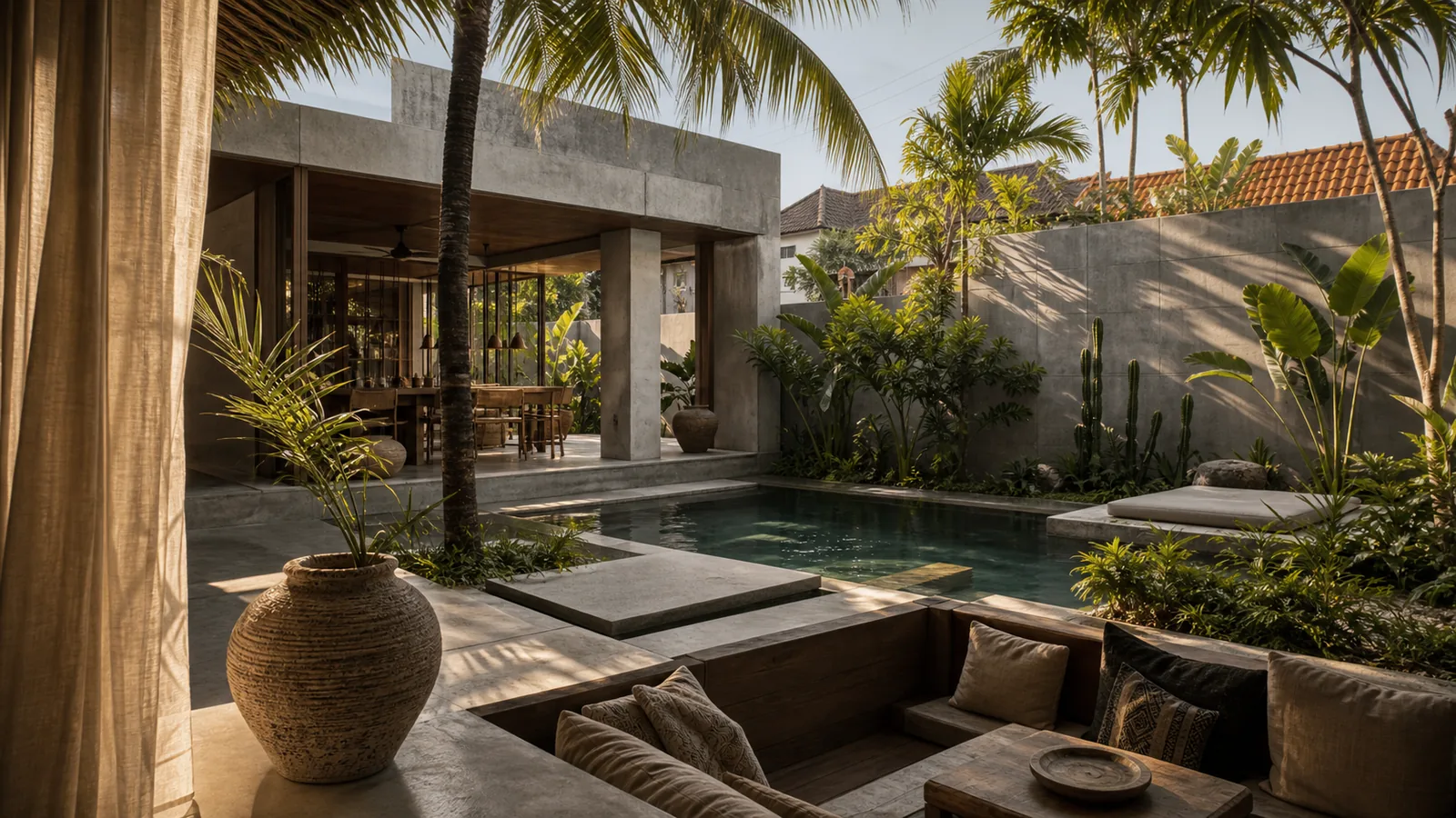 Canggu Bali villa location feel: garden terrace that clearly reflects the selected Bali location through landscape, light, and architecture