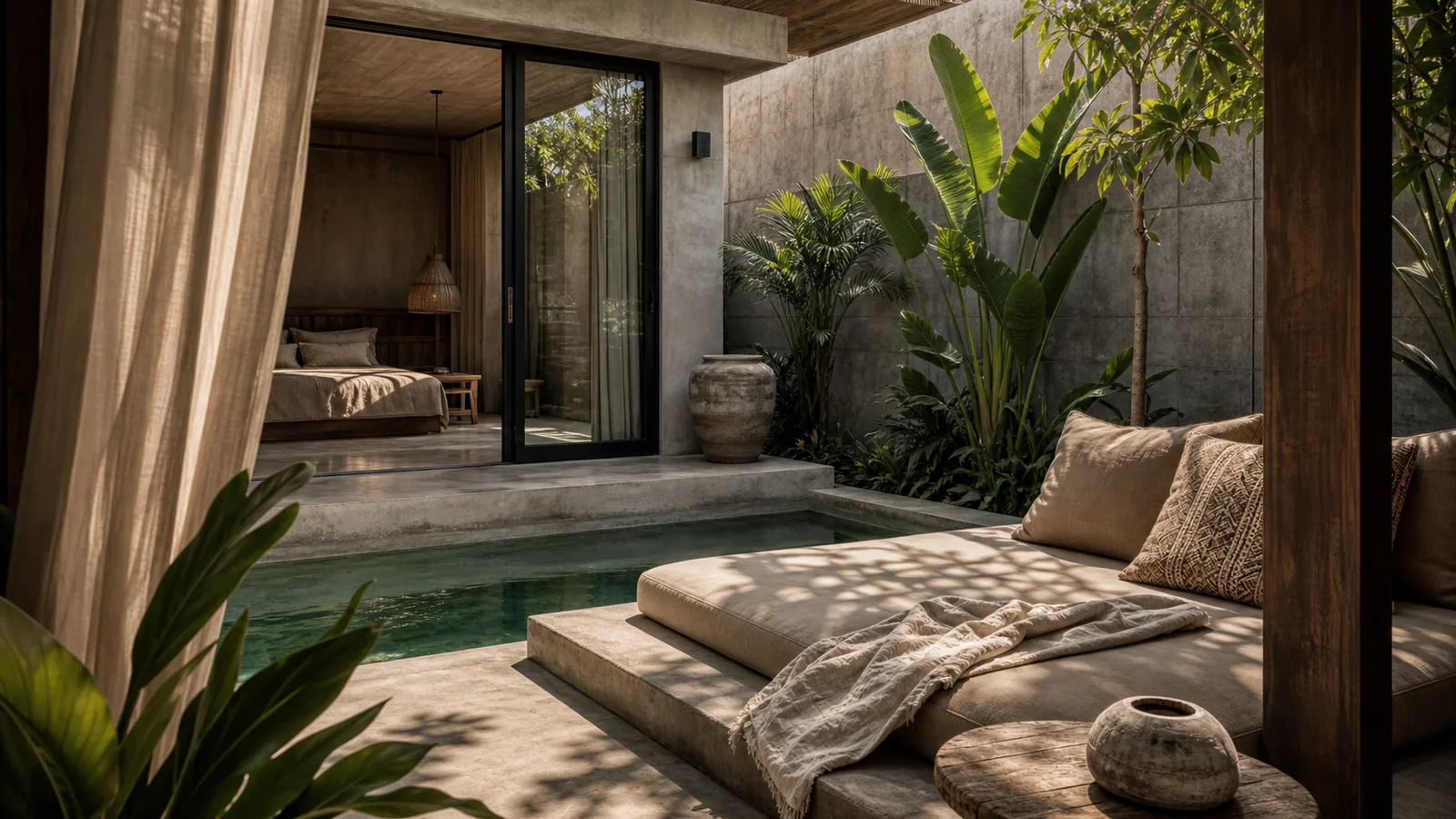 Canggu Bali villa guest experience: poolside daybed and shaded terrace, guest-ready but not staged like a hotel advertisement