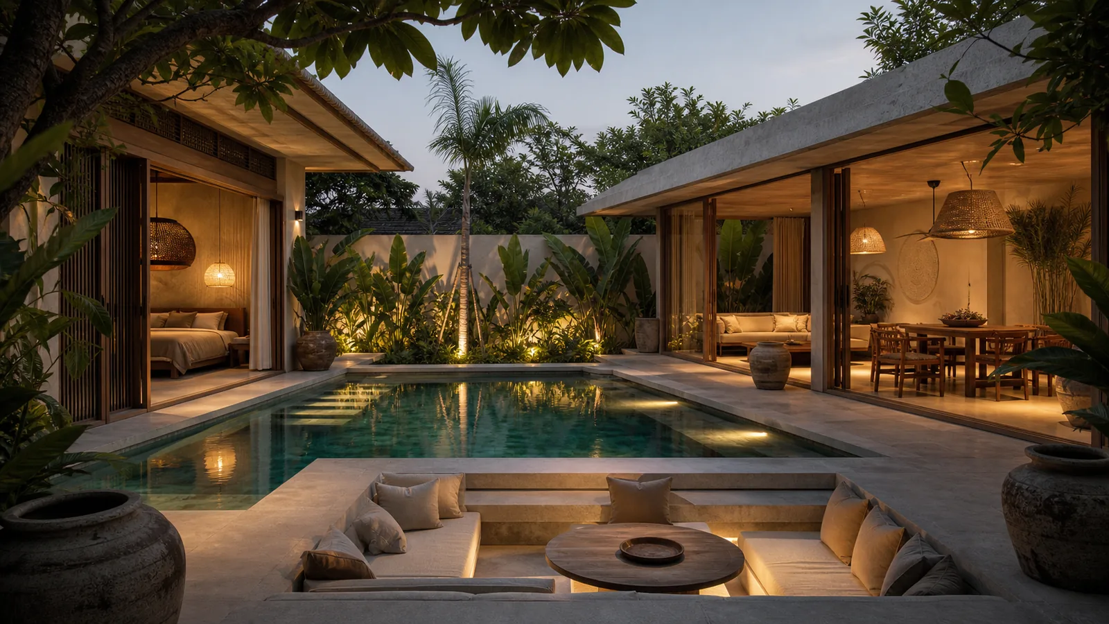 Canggu Bali villa final villa scene: quiet pool courtyard with two pavilions, layered greenery, and warm evening interior glow